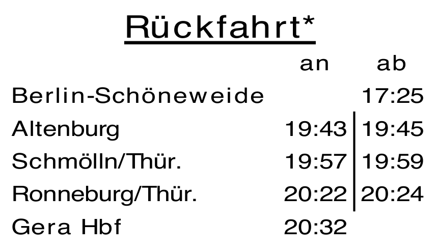 Fahrplan Städteexpress Rückfahrt